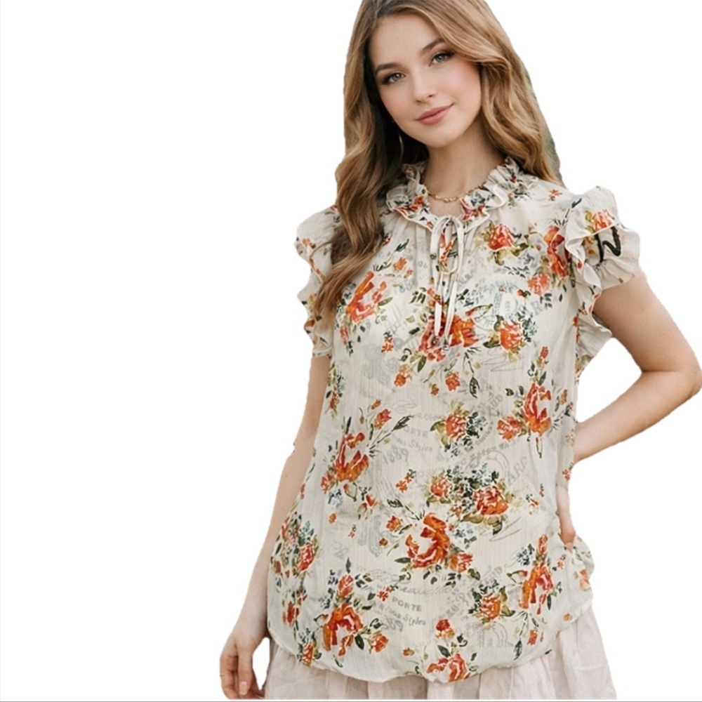 Mossimo Floral Sheer Ruffle Blouse XL Fairycore Cottagecore Y2K Boho Peasant